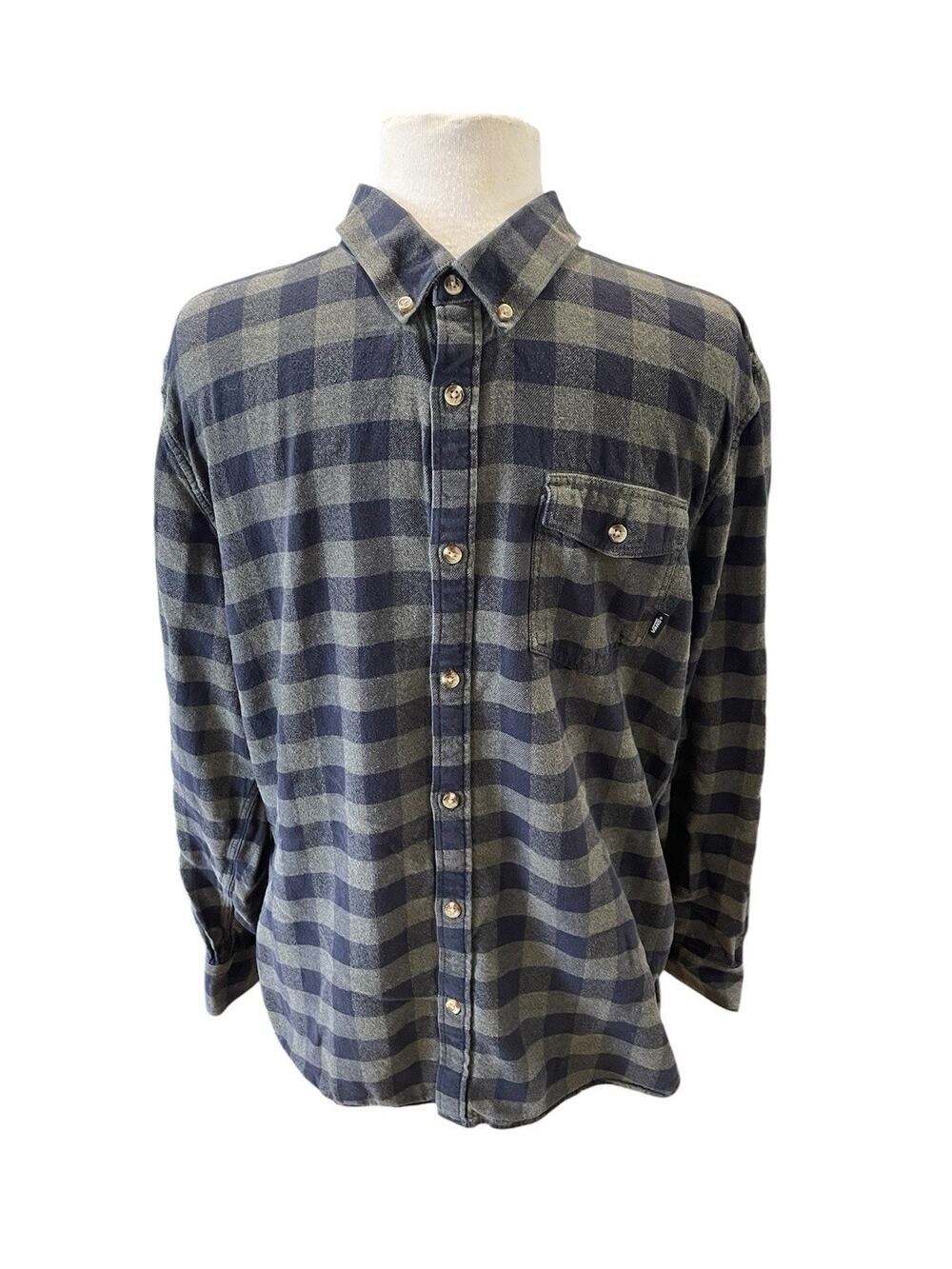 Vans Button Up Shirt Men’s Size Large (Tag XL) Green/Blue Plaid Flannel Outdoor